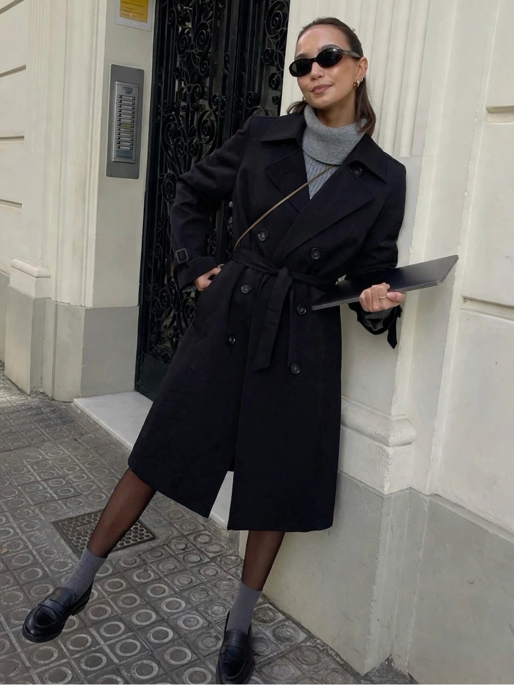 Jones New York Black Trench Coat | Quiet Luxury Double Breasted Size 6